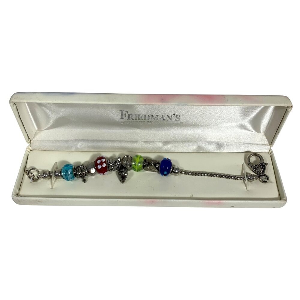 FRIEDMAN'S JEWELERS Charm Bead Bracelet Silver Tone + Glass 8" Beaded